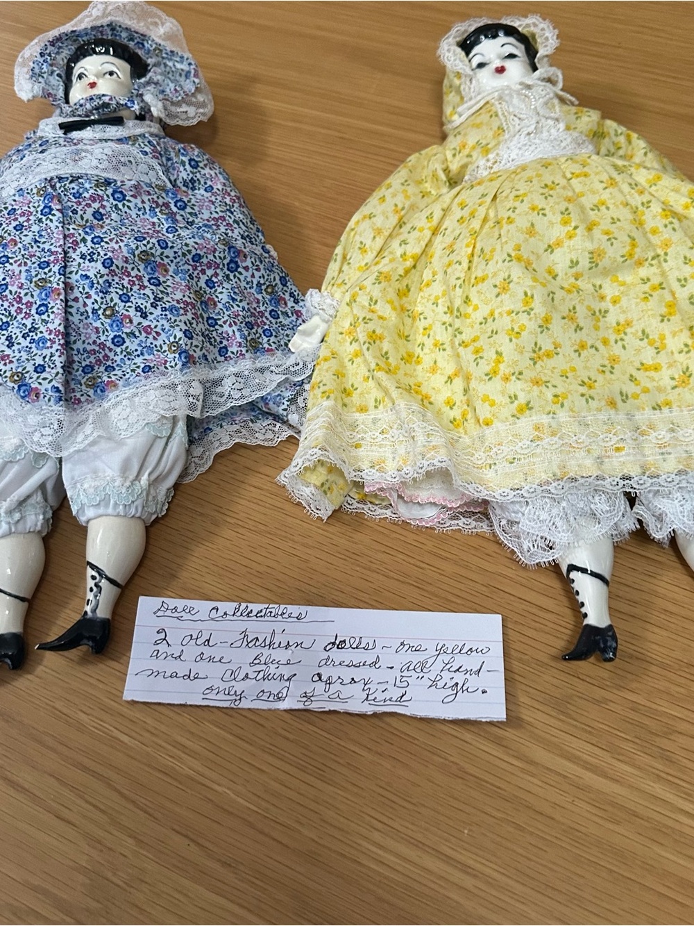 Porcelain Dress-Up Doll Pair - Yellow & Blue Floral Fabric Outfits